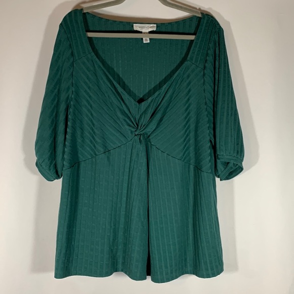 Addition Elle Green Striped V-Neck Front Knot Top - Picture 1 of 6